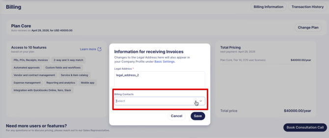 An image showing where to add billing contacts