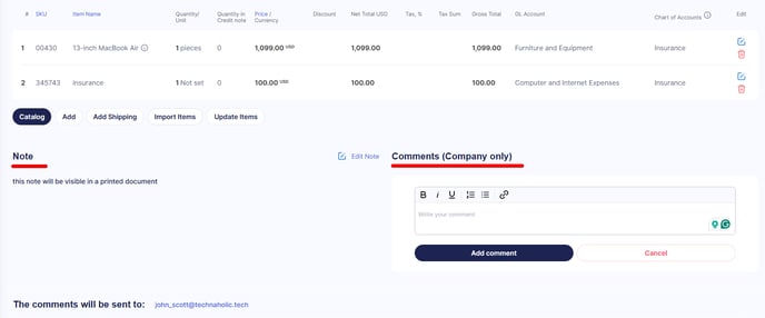 A photo showing where to find notes and comments to an invoice