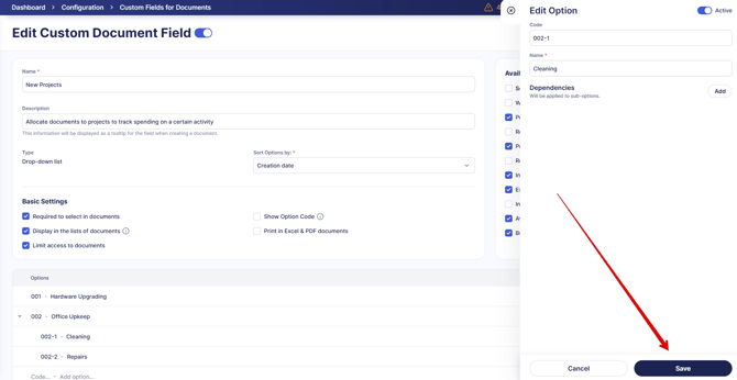 A photo of the sidebar for editing custom field options