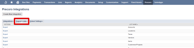 A NetSuite screenshot showing Export Lists