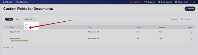 A screenshot highlighting filters on the Custom Fields for Documents page
