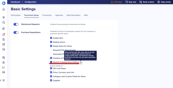 A screenshot showing how to activate restrictions for editing item details in purchase requisitions.