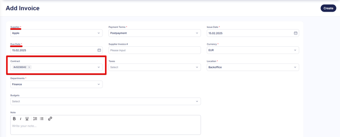 An image displaying adding a contract when creating an invoice