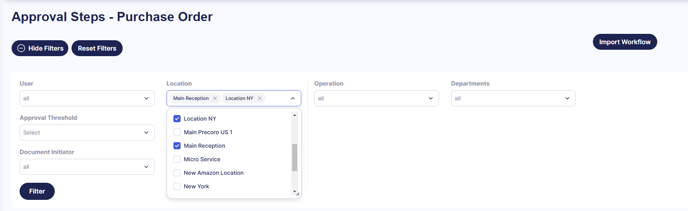 A screenshot displaying updated filters for editing or reviewing the approval workflow