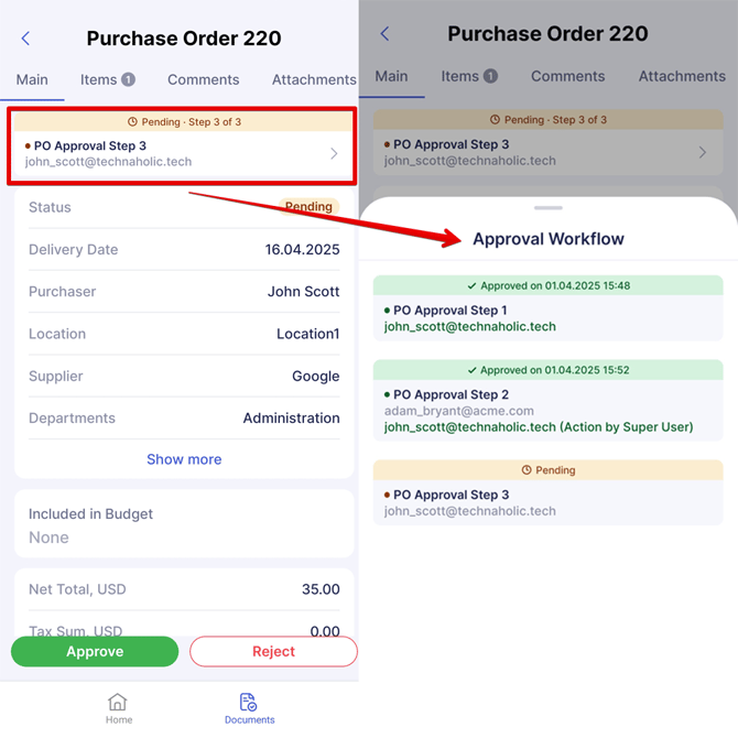 A sample approval workflow with the approvers and approval times specified