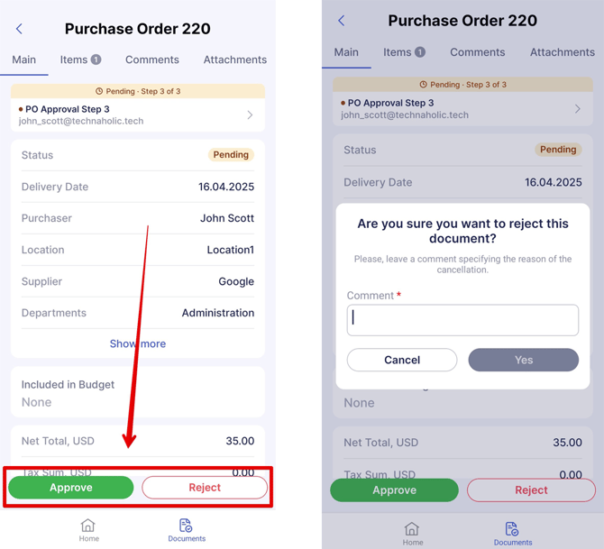 An image showing Approve and Reject buttons and the rejection popup