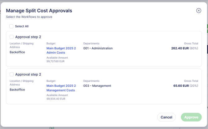 A popup window approvers see when approving a split document and having access to different segments