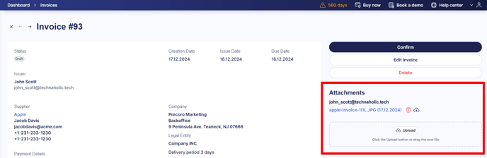 A screenshot showing attachments to an invoice