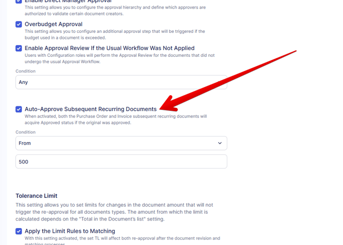 An image that directs to the auto-approval setting for recurring documents