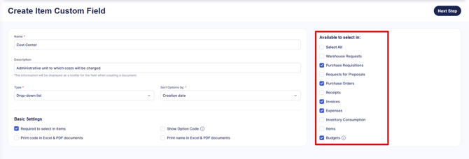 A screenshot displaying the Available in Modules section and the modules to check to use the custom field in budgets