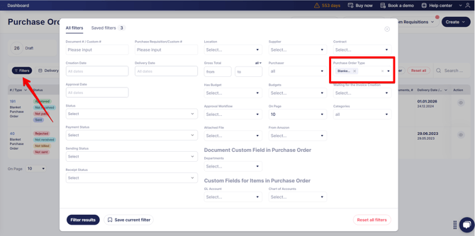 A screenshot showing where to find advanced filters