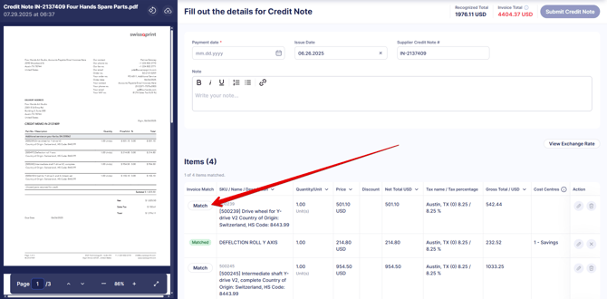 A screenshot of items in a credit note recognized as separate lines and ready for matching