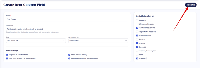 A screenshot directing to Next Step/Save button