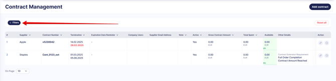 A Contract Management page screenshot directing to filters