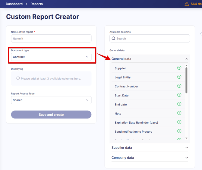 A screenshot of the Custom Report Creator displaying sections wth custom contract fields