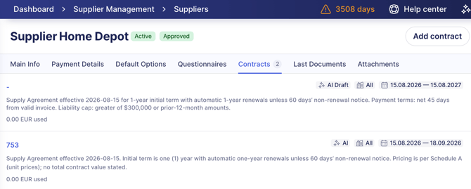 Contracts on supplier page
