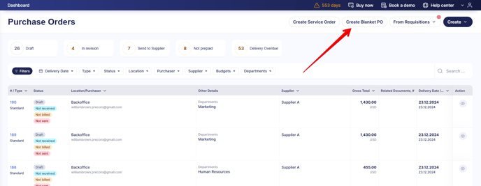 A screenshot showing how to start creating a blanket purchase order