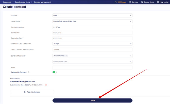 A screenshot with a sample contract creation form