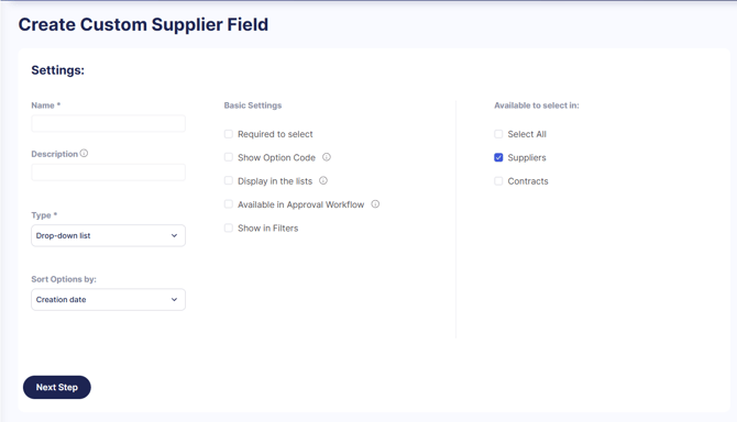 A supplier field creation page screenshot
