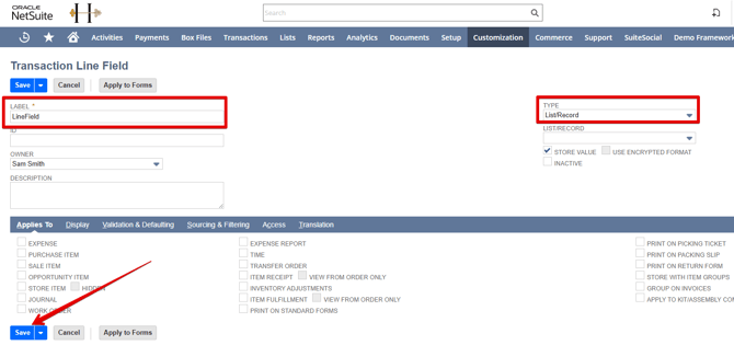 A screenshot with the necessary fields for Transaction Line Field creation in NetSuite