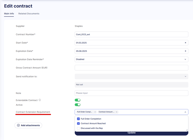 An example of filling out a custom field in a contract