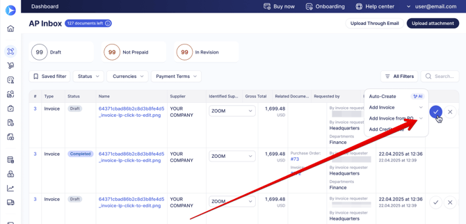An AP Inbox page screenshot highlighting the dropdowns that allow you to create custom invoices