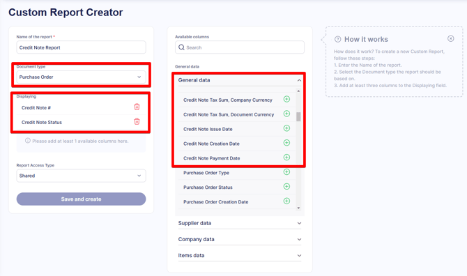Custom Report Creator screenshot showing an example of credit note reporting