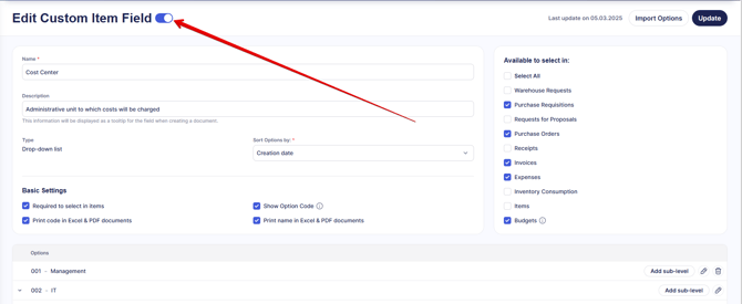 A screenshot showing the Active toggle