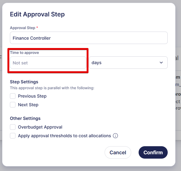 Screenshot of the Time to approve field with a cleared value. In this case, the deadline to complete the step isn't set