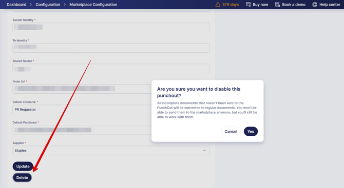 An image directing to the PunchOut deletion button and showing a pop-up notification explaining how it works.