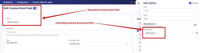A picture explaining which field is dependent and which is controlling in an established dependency