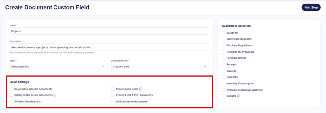 A screenshot of the basic settings for a drop-down list