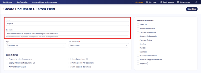 A photo highlighting the first custom field parameters