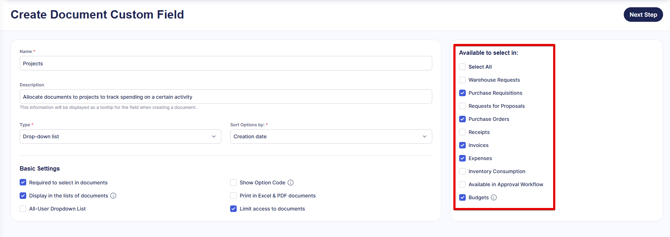 A screenshot showing the available to select in section