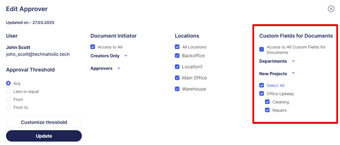 A screenshot showing how custom fields can be selected in an approval workflow