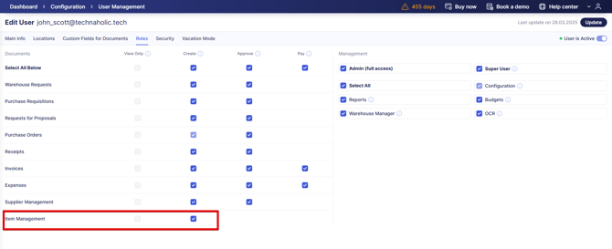 Edit User Item Manage