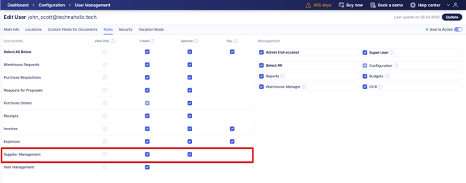 A screenshot highlighting the Supplier Management role