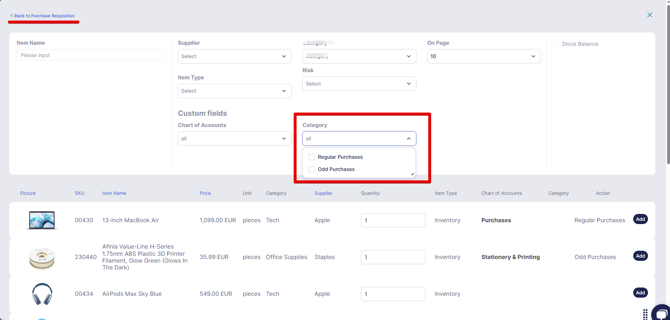 Filter by category custon field in an item list to addto a document