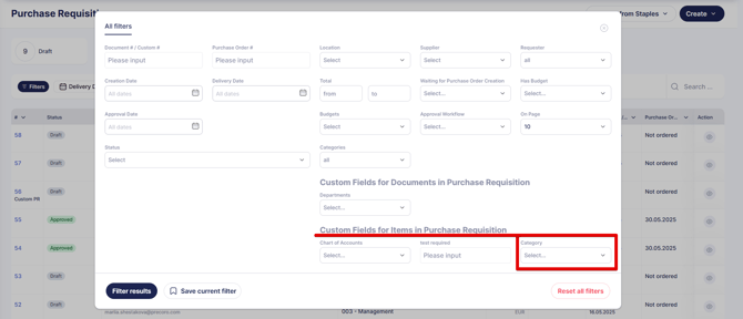 Category in the custom fields sections of document list filters