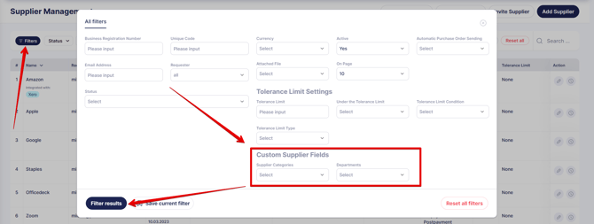An image showing the sequence of filtering suppliers by custom field values