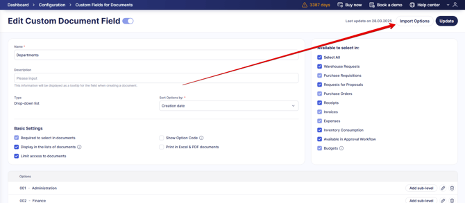 An image pointing to the button that starts the option import process