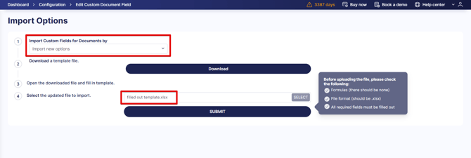 A screenshot of the Import Options Page highlighting the required inputs