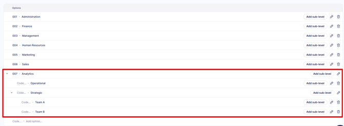 A screenshot of the field's option table with imported options and sub-options