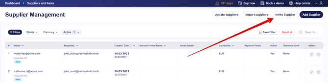 Screenshot showing the Invite Supplier button