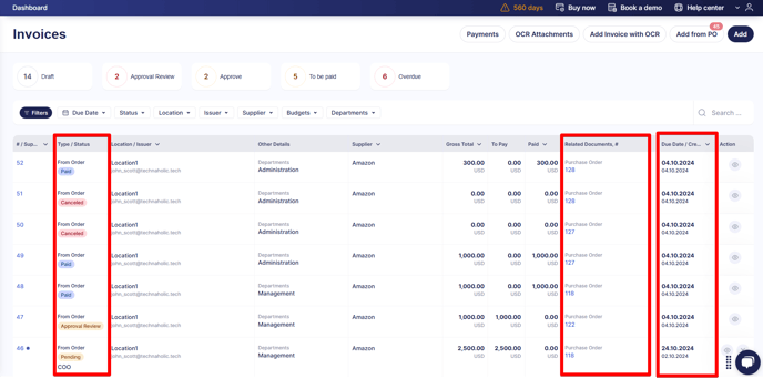 A screenshot showing features of the invoices page that help track any invoice