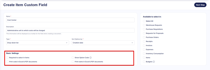A screenshot highlighting the section defining if the field is required and added in printing