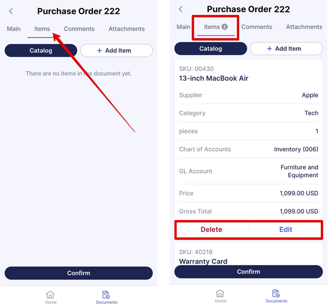 An image showing how the Items tab looks in the mobile app