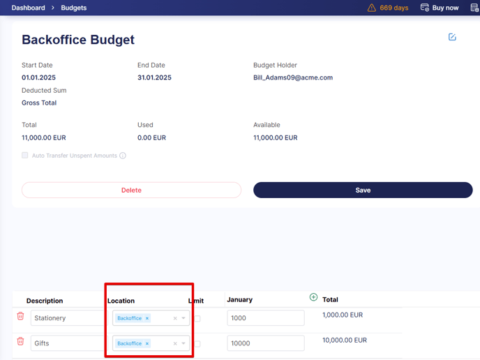 A screenshot showing how to select locations for budget lines.