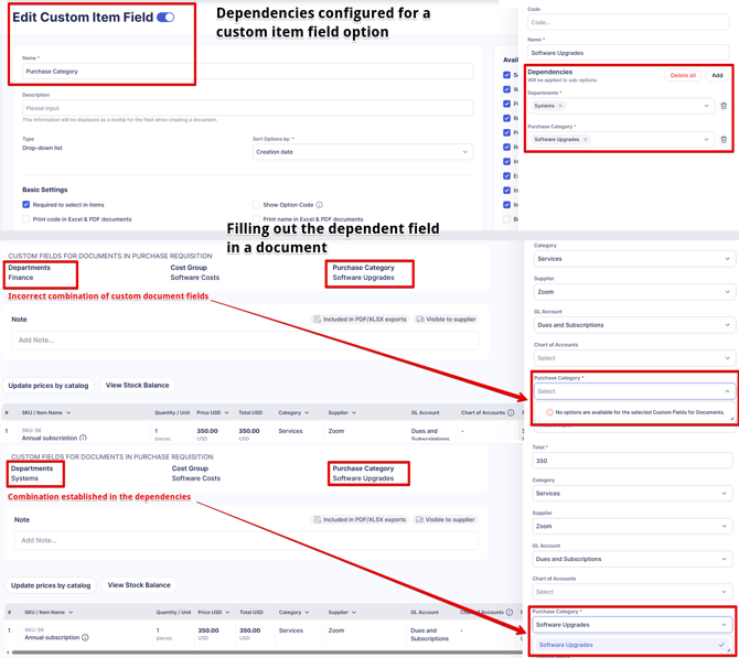 An image showing how to correctly fill out the controlling fields when two dependencies are created for one dependent field's option