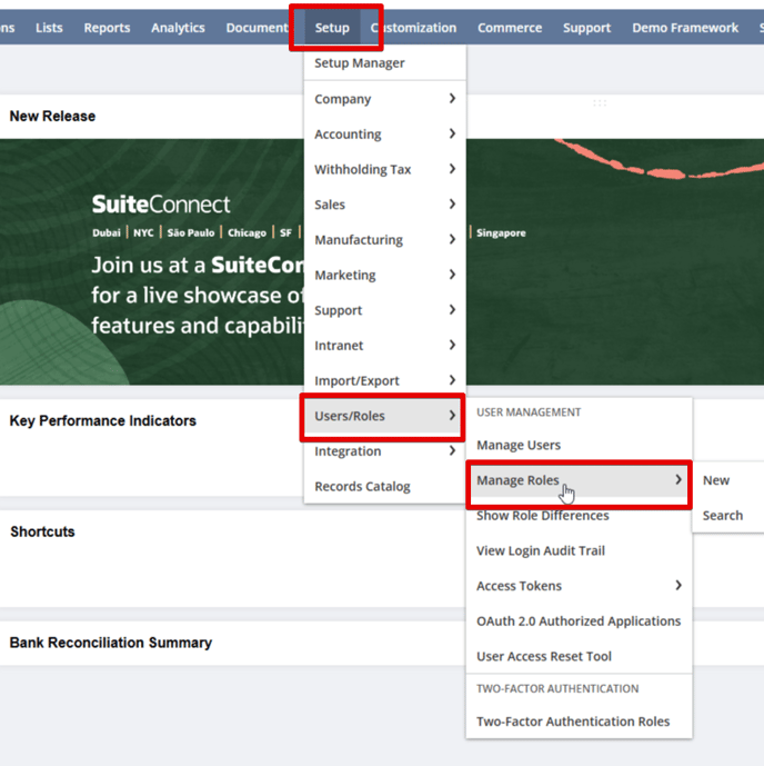 A NetSuite screenshot showing how to navigate to the role management page